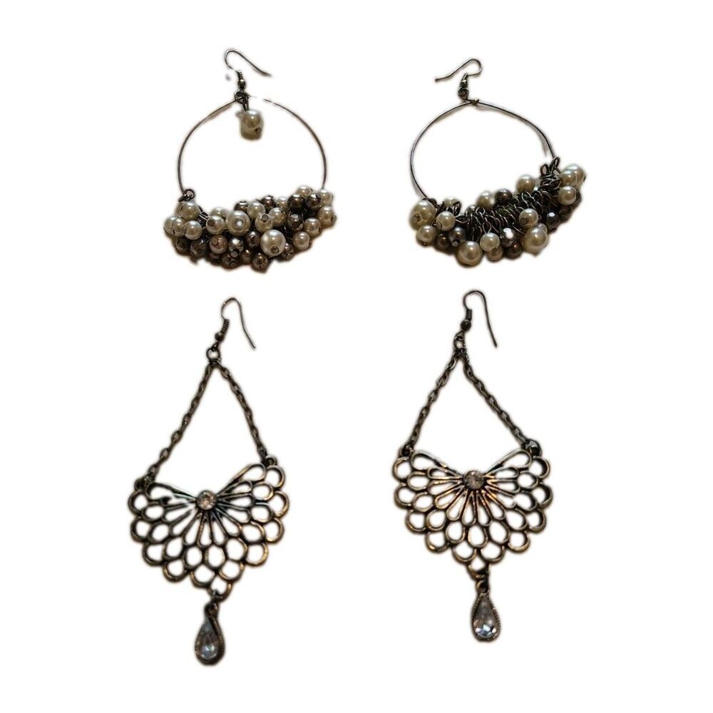 2 Pairs Vintage Boho Dangle Earrings Antique Bronze Filigree & Cluster Pearl...